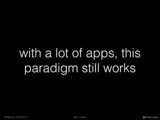 Ben LimmerGEMConf - 5/21/2016 ember.party
with a lot of apps, this
paradigm still works
 
