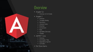 Overview
• Angular CLI
• Overview & Commands
• Angular 2
• Overview
• Template Binding
• Decorators
• Lifecycle Hooks
• Directives
• Components
• Pipes
• Injectables (Services)
• Modules
• ASP.NET Core
• Overview
• Commands / Files
• Dependency Injection
• Controllers
• Pet Store Demo
 