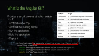 What is the Angular CLI?
Provides a set of commands which enable
you to:
• Scaffold a new app
• Scaffold the building blocks
• Run the application
• Build the application
• Deploy it
Scaffold Usage
Component ng g component my-new-component
Directive ng g directive my-new-directive
Pipe ng g pipe my-new-pipe
Service ng g service my-new-service
Class ng g class my-new-class
Interface ng g interface my-new-interface
Enum ng g enum my-new-enum
Module ng g module my-module
 