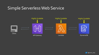 Simple ServerlessWeb Service
Client
API Gateway Lambda DynamoDB
@jeremy_daly
Highly Scalable Highly Scalable Highly Scalable
 