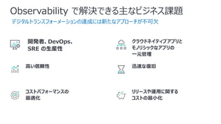 Observability で解決できる主なビジネス課題
開発者、DevOps、
SRE の⽣産性
⾼い信頼性
コストパフォーマンスの
最適化
デジタルトランスフォーメーションの達成には新たなアプローチが不可⽋
クラウドネイティブアプリと
モノリシックなアプリの
⼀元管理
迅速な復旧
リリースや運⽤に関する
コストの最⼩化
 