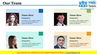 Name Here
This slide is 100% editable. Adapt it
to your needs and capture your
audience's attention.
Designation
Name Here
This slide is 100% editable. Adapt it
to your needs and capture your
audience's attention.
Designation
Name Here
This slide is 100% editable. Adapt it
to your needs and capture your
audience's attention.
Designation
Name Here
This slide is 100% editable. Adapt it
to your needs and capture your
audience's attention.
Designation
Our Team 16
 