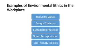 Examples of Environmental Ethics in the
Workplace
Reducing Waste
Energy Efficiency
Sustainable Practices
Green Transportation
Eco-Friendly Policies
 