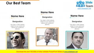 Our Best Team
24
Name Here
Designation
This slide is 100% editable.
Adapt it to your needs and
capture your audience's
attention.
Name Here
Designation
This slide is 100% editable.
Adapt it to your needs and
capture your audience's
attention.
Name Here
Designation
This slide is 100% editable.
Adapt it to your needs and
capture your audience's
attention.
 