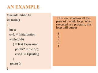 AN EXAMPLE
#include <stdio.h>
int main()
{
int c;
c=5; // Initialization
while(c>0)
{ // Test Expression
printf(“ n %d”,c);
c=c-1; // Updating
}
return 0;
}
This loop contains all the
parts of a while loop. When
executed in a program, this
loop will output
5
4
3
2
1
 