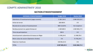 COMPTE ADMINISTRATIF 2018
SECTION D’INVESTISSEMENT
13
DEPENSES D’INVESTISSEMENT Budget 2018 Réalisé 2018
Opérations d’investissements (page suivante) 3 186 134 € 2 086 929,52 €
Achat de terrain 200 000 € 0 €
Résultat de la section d’investissement 989 514,99 € Non budgétaire
Remboursement du capital d’emprunt 1 469 600 € 1 469 483,17 €
Titres de participations 500 € 0 €
Amortissement subventions & travaux en Régie 11 995,24 € 11 948,78 €
Moins value de cession (Opération d’ordre) 0 € 72 705,24 €
Dépenses imprévues 150 061,01 € 0 €
TOTAL 6 007 805,24 € 3 641 066,71 €
 