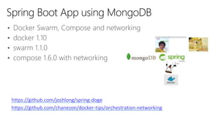 • Docker Swarm, Compose and networking
• docker 1.10
• swarm 1.1.0
• compose 1.6.0 with networking
Spring Boot App using MongoDB
https://github.com/joshlong/spring-doge
https://github.com/chanezon/docker-tips/orchestration-networking
 