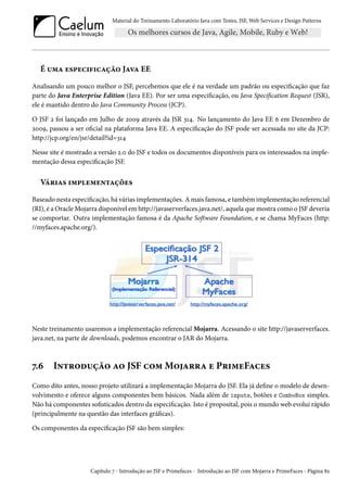 Material do Treinamento Laboratório Java com Testes, JSF, Web Services e Design Patterns
É uma especificação Java EE
Analisando um pouco melhor o JSF, percebemos que ele é na verdade um padrão ou especificação que faz
parte do Java Enterprise Edition (Java EE). Por ser uma especificação, ou Java Specification Request (JSR),
ele é mantido dentro do Java Community Process (JCP).
O JSF 2 foi lançado em Julho de 2009 através da JSR 314. No lançamento do Java EE 6 em Dezembro de
2009, passou a ser oficial na plataforma Java EE. A especificação do JSF pode ser acessada no site da JCP:
http://jcp.org/en/jsr/detail?id=314
Nesse site é mostrado a versão 2.0 do JSF e todos os documentos disponíveis para os interessados na imple-
mentação dessa especificação JSF.
Várias implementações
Baseado nesta especificação, há várias implementações. A mais famosa, e também implementação referencial
(RI), é a Oracle Mojarra disponível em http://javaserverfaces.java.net/, aquela que mostra como o JSF deveria
se comportar. Outra implementação famosa é da Apache Software Foundation, e se chama MyFaces (http:
//myfaces.apache.org/).
Neste treinamento usaremos a implementação referencial Mojarra. Acessando o site http://javaserverfaces.
java.net, na parte de downloads, podemos encontrar o JAR do Mojarra.
7.6 Introdução ao JSF com Mojarra e PrimeFaces
Como dito antes, nosso projeto utilizará a implementação Mojarra do JSF. Ela já define o modelo de desen-
volvimento e oferece alguns componentes bem básicos. Nada além de inputs, botões e ComboBox simples.
Não há componentes sofisticados dentro da especificação. Isto é proposital, pois o mundo web evolui rápido
(principalmente na questão das interfaces gráficas).
Os componentes da especificação JSF são bem simples:
Capítulo 7 - Introdução ao JSF e Primefaces - Introdução ao JSF com Mojarra e PrimeFaces - Página 82
 