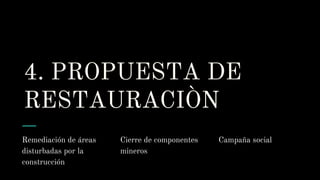 4. PROPUESTA DE
RESTAURACIÒN
Remediación de áreas
disturbadas por la
construcción
Cierre de componentes
mineros
Campaña social
 