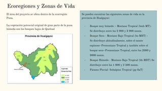 Ecoregiones y Zonas de Vida
El área del proyecto se ubica dentro de la ecorregión
Puna.
La vegetación potencial original de gran parte de la puna
húmeda son los bosques bajos de Queñual
Se pueden encontrar las siguientes zonas de vida en la
provincia de Hualgayoc:
- Bosque muy húmedo – Montano Tropical (bmh-MT)-
Se distribuye entre los 2 900 y 3 900 msnm.
- Bosque Seco - Montano Bajo Tropical (bs-MBT) -
Se distribuye altitudinalmente, sobre el monte
espinoso–Premontano Tropical y también sobre el
bosque seco–Premontano Tropical, entre los 2000 y
3000 msnm.
- Bosque Húmedo - Montano Bajo Tropical (bh-MBT) Se
distribuye entre los 1 800 y 2 500 msnm.
- Páramo Pluvial- Subalpino Tropical (pp-SaT)
 