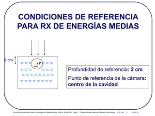 Profundidad de referencia: 2 cm
Punto de referencia de la cámara:
centro de la cavidad
≈ ≈ ≈ ≈ ≈ ≈ ≈ ≈
≈ ≈ ≈ ≈ ≈ ≈
≈ ≈ ≈ ≈ ≈ ≈
≈ ≈ ≈ ≈ ≈ ≈ ≈ ≈
xP
aire
2 cm
CONDICIONES DE REFERENCIA
PARA RX DE ENERGÍAS MEDIAS
Curso de Actualización para Tecnólogos en Radioterapia. ARCAL RLA6/058 Tema 7 : Calibración de haces de fotones y electrones D.B. Feld 21 2008-10
 