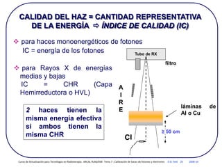 CALIDAD DEL HAZ = CANTIDAD REPRESENTATIVA
DE LA ENERGÍA  ÍNDICE DE CALIDAD (IC)
 para haces monoenergéticos de fotones
IC = energía de los fotones
 para Rayos X de energías
medias y bajas
IC = CHR (Capa
Hemirreductora o HVL)
2 haces tienen la
misma energía efectiva
si ambos tienen la
misma CHR
Tubo de RX
filtro
láminas de
Al o Cu
A
I
R
E
CI
≥ 50 cm
Curso de Actualización para Tecnólogos en Radioterapia. ARCAL RLA6/058 Tema 7 : Calibración de haces de fotones y electrones D.B. Feld 26 2008-10
 