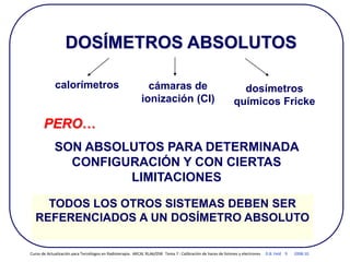 DOSÍMETROS ABSOLUTOS
calorímetros cámaras de
ionización (CI)
dosímetros
químicos Fricke
PERO…
SON ABSOLUTOS PARA DETERMINADA
CONFIGURACIÓN Y CON CIERTAS
LIMITACIONES
TODOS LOS OTROS SISTEMAS DEBEN SER
REFERENCIADOS A UN DOSÍMETRO ABSOLUTO
Curso de Actualización para Tecnólogos en Radioterapia. ARCAL RLA6/058 Tema 7 : Calibración de haces de fotones y electrones D.B. Feld 9 2008-10
 