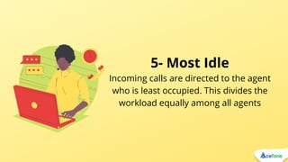 5- Most Idle
Incoming calls are directed to the agent
who is least occupied. This divides the
workload equally among all agents
 