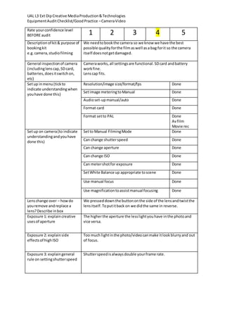 UAL L3 Ext DipCreative MediaProduction&Technologies
EquipmentAuditChecklist/GoodPractice –CameraVideo
Rate yourconfidence level
BEFORE audit 1 2 3 4 5
Descriptionof kit& purpose of
bookingkit
e.g.camera,studiofilming
We needtobookthe camera so we know we have the best
possible qualityforthe filmaswell asa bag forit so the camera
itself doesnotgetdamaged.
General inspectionof camera
(includinglenscap,SDcard,
batteries,doesitswitchon,
etc)
Cameraworks,all settingsare functional.SDcard andbattery
workfine.
Lenscap fits.
Setup inmenu(tickto
indicate understandingwhen
youhave done this)
Resolution/image size/format/fps Done
Setimage meteringtoManual Done
Audioset-upmanual/auto Done
Format card Done
Format setto PAL Done
Avfilm
Movie rec
Setup on camera(to indicate
understandingandyouhave
done this)
Setto Manual FilmingMode Done
Can change shutterspeed Done
Can change aperture Done
Can change ISO Done
Can metershotfor exposure Done
SetWhite Balance up appropriate toscene Done
Use manual focus Done
Use magnificationtoassistmanual focusing Done
Lenschange over – howdo
youremove andreplace a
lens?Describe inbox
We presseddown the buttononthe side of the lensandtwistthe
lensitself.Toputitback on we didthe same in reverse.
Exposure 1: explaincreative
usesof aperture
The higherthe aperture the lesslightyouhave inthe photoand
vice versa.
Exposure 2: explainside
effectsof highISO
Too much lightinthe photo/videocanmake itlookblurryand out
of focus.
Exposure 3: explaingeneral
rule on settingshutterspeed
Shutterspeedisalwaysdouble yourframe rate.
 
