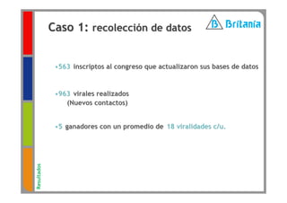 Caso 1: recolección de datos


              •563 inscriptos al congreso que actualizaron sus bases de datos


              •963 virales realizados
                 (Nuevos contactos)


              •5 ganadores con un promedio de 18 viralidades c/u.
Resultados
 