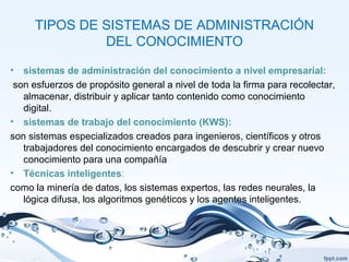 TIPOS DE SISTEMAS DE ADMINISTRACIÓN
DEL CONOCIMIENTO
• sistemas de administración del conocimiento a nivel empresarial:
son esfuerzos de propósito general a nivel de toda la firma para recolectar,
almacenar, distribuir y aplicar tanto contenido como conocimiento
digital.
• sistemas de trabajo del conocimiento (KWS):
son sistemas especializados creados para ingenieros, científicos y otros
trabajadores del conocimiento encargados de descubrir y crear nuevo
conocimiento para una compañía
• Técnicas inteligentes:
como la minería de datos, los sistemas expertos, las redes neurales, la
lógica difusa, los algoritmos genéticos y los agentes inteligentes.
 