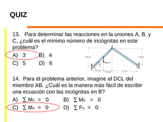 QUIZ
13. Para determinar las reacciones en la uniones A, B, y
C, ¿cuál es el mínimo número de incógnitas en este
problema?
A) 3 B) 4
C) 5 D) 6
14. Para el problema anterior, imagine el DCL del
miembro AB. ¿Cuál es la manera más fácil de escribir
una ecuación con las incógnitas en B?
A) ∑ MC = 0 B) ∑ MB = 0
C) ∑ MA = 0 D) ∑ FX = 0
 