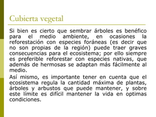 Cubierta vegetal
Si bien es cierto que sembrar árboles es benéfico
para el medio ambiente, en ocasiones la
reforestación con especies foráneas (es decir que
no son propias de la región) puede traer graves
consecuencias para el ecosistema; por ello siempre
es preferible reforestar con especies nativas, que
además de hermosas se adaptan más fácilmente al
medio.
Así mismo, es importante tener en cuenta que el
ecosistema regula la cantidad máxima de plantas,
árboles y arbustos que puede mantener, y sobre
este límite es difícil mantener la vida en optimas
condiciones.
 