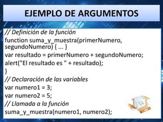 EJEMPLO DE ARGUMENTOS
// Definición de la función
function suma_y_muestra(primerNumero,
segundoNumero) { ... }
var resultado = primerNumero + segundoNumero;
alert("El resultado es " + resultado);
}
// Declaración de las variables
var numero1 = 3;
var numero2 = 5;
// Llamada a la función
suma_y_muestra(numero1, numero2);
 