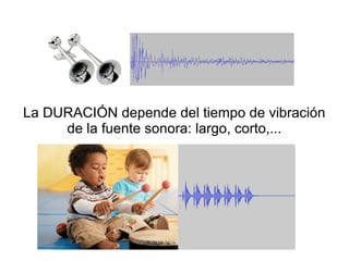 La DURACIÓN depende del tiempo de vibración
de la fuente sonora: largo, corto,...
 