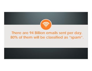 There are 94 Billion emails sent per day.
80% of them will be classified as “spam”.
There are 94 Billion emails sent per day.
80% of them will be classified as “spam”.
 