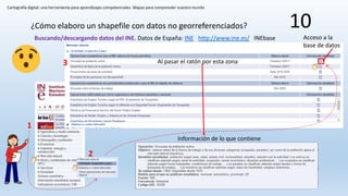 Cartografía digital: una herramienta para aprendizajes competenciales. Mapas para comprender nuestro mundo
10¿Cómo elaboro un shapefile con datos no georreferenciados?
Buscando/descargando datos del INE. Datos de España: INE http://www.ine.es/ INEbase
1
2
3 Al pasar el ratón por esta zona
Información de lo que contiene
Acceso a la
base de datos
 
