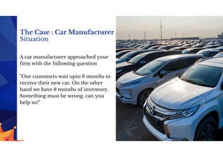 The Case : Car Manufacturer
Situation
A car manufacturer approached your
firm with the following question
"Our customers wait upto 8 months to
receive their new car. On the other
hand we have 8 months of inventory.
Something must be wrong, can you
help us?"
 