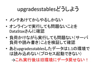 upgradesstablesどうしよう
• メンテあけてからやるしかない
• オンラインで実行しても問題ないことを
DataStaxさんに確認
• 負荷かけながら実行しても問題ない（サーバ
負荷や読み書き）ことを検証して確認
• あとupgradesstablesしたデータは1.1の環境で
は読み込めない（プロセス起動できない）
→これ実行後は旧環境にデータ戻せない！
 