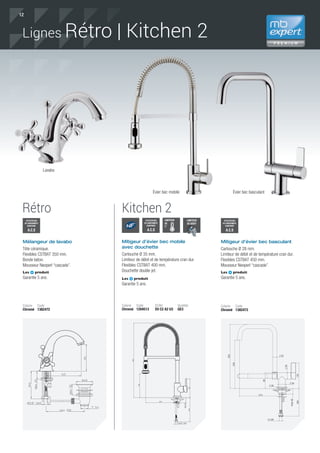 12
Mélangeur de lavabo
Tête céramique.
Flexibles CSTBAT 350 mm.
Bonde laiton.
Mousseur Neoperl “cascade”.
Les produit
Garantie 5 ans.
Coloris Code
Chromé 1382472
Mitigeur d’évier bec mobile
avec douchette
Cartouche Ø 35 mm.
Limiteur de débit et de température cran dur.
Flexibles CSTBAT 400 mm.
Douchette double jet.
Les produit
Garantie 5 ans.
Coloris Code ECAU Qualitel
Chromé 1204513 E0 C2 A2 U3 GE3
Mitigeur d’évier bec basculant
Cartouche Ø 28 mm.
Limiteur de débit et de température cran dur.
Flexibles CSTBAT 450 mm.
Mousseur Neoperl “cascade”.
Les produit
Garantie 5 ans.
Coloris Code
Chromé 1382473
ATTESTATION
DE CONFORMITÉ
SANITAIRE
A.C.S
Lavabo
Évier bec mobile
50
34
34
80
G 3/8
max45
350
243
22
323
129
214
ATTESTATION
DE CONFORMITÉ
SANITAIRE
A.C.S
Évier bec basculant
Lignes Rétro | Kitchen 2
Rétro Kitchen 2
ATTESTATION
DE CONFORMITÉ
SANITAIRE
A.C.S
LIMITEUR
DE
T°O%
50%
100%
LIMITEUR
DE DÉBIT
O%
50%
100%
 