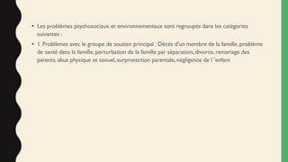 • Les problèmes psychosociaux et environnementaux sont regroupés dans les catégories
suivantes :
• 1. Problèmes avec le groupe de soutien principal : Décès d'un membre de la famille, problème
de santé dans la famille, perturbation de la famille par séparation, divorce, remariage des
parents, abus physique et sexuel, surprotection parentale, négligence de l 'enfant
 