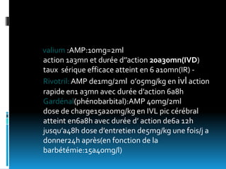 valium :AMP:10mg=2ml
action 1a3mn et durée d’’action 20a30mn(IVD)
taux sérique efficace atteint en 6 a10mn(IR) -
Rivotril: AMP de1mg/2ml 0’05mg/kg en ivl action
rapide en1 a3mn avec durée d’action 6a8h
Gardénal(phénobarbital):AMP 40mg/2ml
dose de charge15a20mg/kg en IVL pic cérébral
atteint en6a8h avec durée d’ action de6a 12h
jusqu’a48h dose d’entretien de5mg/kg une fois/j a
donner24h après(en fonction de la
barbétémie:15a40mg/l)
 