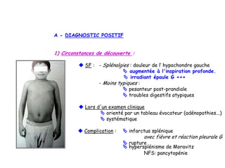 A - DIAGNOSTIC POSITIF
1) Circonstances de découverte :
 SF : - Splénalgies : douleur de l’ hypochondre gauche
 augmentée à l'inspiration profonde.
 irradiant épaule G +++
- Moins typiques :
 pesanteur post-prandiale
 troubles digestifs atypiques
 Lors d'un examen clinique
 orienté par un tableau évocateur (adénopathies...)
 systématique
 Complication :  infarctus splénique
avec fièvre et réaction pleurale G
 rupture
 hypersplénisme de Moravitz
NFS: pancytopénie
 