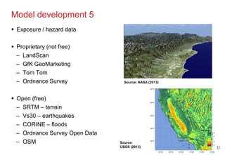 Model development 5
 Exposure / hazard data
 Proprietary (not free)
– LandScan
– GfK GeoMarketing
– Tom Tom
– Ordnance Survey
 Open (free)
– SRTM – terrain
– Vs30 – earthquakes
– CORINE – floods
– Ordnance Survey Open Data
– OSM
Source: NASA (2013)
Source:
USGS (2013)
 