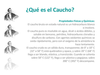 ¿Qué es el Caucho? Propiedades Físicas y Químicas: El caucho bruto en estado natural es un hidrocarburo blanco o incoloro. El caucho puro es insoluble en agua, álcali o ácidos débiles, y soluble en benceno, petróleo, hidrocarburos clorados y disulfuro de carbono. Con agentes oxidantes químicos se oxida rápidamente, pero con el oxígeno de la atmósfera lo hace lentamente. El caucho crudo es un sólido duro, transparente; de 0° a 10° C (32° a 50° F) está quebradizo y opaco, y sobre 20° C (68° F) llega a ser blando, elástico, y translúcido. Cuando se calienta sobre 50° C (122° F), llega a ser plástico y pegajoso; sobre 200° C (392° F) descompone. 