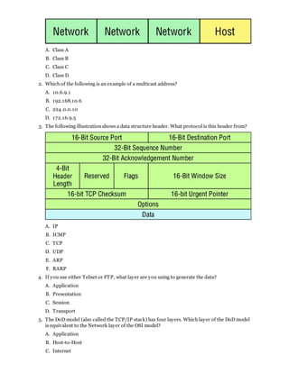 A. Class A
B. Class B
C. Class C
D. Class D
12. Which of the following is an example of a multicast address?
A. 10.6.9.1
B. 192.168.10.6
C. 224.0.0.10
D. 172.16.9.5
13. The following illustration shows a data structure header. What protocol is this header from?
A. IP
B. ICMP
C. TCP
D. UDP
E. ARP
F. RARP
14. If you use either Telnet or FTP, what layer are you using to generate the data?
A. Application
B. Presentation
C. Session
D. Transport
15. The DoD model (also called the TCP/IP stack) has four layers. Which layer of the DoD model
is equivalent to the Network layer of the OSI model?
A. Application
B. Host-to-Host
C. Internet
 
