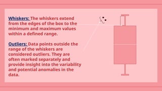 Whiskers: The whiskers extend
from the edges of the box to the
minimum and maximum values
within a defined range.
Outliers: Data points outside the
range of the whiskers are
considered outliers. They are
often marked separately and
provide insight into the variability
and potential anomalies in the
data.
 