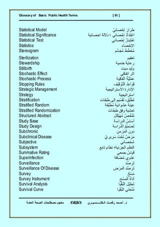 Glossary of Basic Public Health Terms                                  [ 61 ]



Statistical Model                                     ّ‫طراه ةحْ صامِي‬
Statistical Significance                ‫ا ْ اِ َ ا ٌ ةِحْ صامي ؛ ولة احصامية‬
                                                            َ
Statistical Test                                      ‫اتاِ ارٌ ةحْ صامي‬
                                                                ِ         ْ
Statistics                                                     ‫اإحْ صاب‬ ِ
Stereogram                                                    َ ٌ َّ َ
                                                        ‫متط ط مج سَّ م‬
Sterilization                                                                       ‫اعقيم‬
Stewardship                                                       ‫ر اية ت مية‬
Stillbirth                                                                    ‫ولي ميت‬
Stochastic Effect                                                            ‫اثر ااااقي‬
Stochastic Process                                                                 ٌ َ
                                                                  ‫َ ملِ َّية ا َّاااقِية‬
Stopping Rules                                                 ‫ْوقَيْف‬        َّ‫قَواَ ِ الا‬             َ
Strategic Management                                    ‫اإ ار اوساراايجية‬
Strategy                                                                   ‫اساراايجية‬
Stratification                                           َ
                                                  ‫َاط ُّته َاقْ سْ يم ةلس ط َ قات‬               َ
Stratified Random                                     ‫َّقة‬ َ‫يدة عوامية مط‬
Stratified Randomization                                   ‫اععية و ت ط قات‬
Structured Abstract                                            ‫ملَتعٌ مس ْي َ ل‬
                                                                           َ                َّ
Study Base                                                     ‫أَ ساس ال ِراس ة‬
                                                                  َ                                 َ
Study Design                                                  ‫َاصْ ميْم ال َّ راسة‬    ِ
Subchronic                                                                 ‫و المهم‬
Subclinical Disease                                    ّ‫مرضٌ َاحْت سريري‬
                                                             ِ َ     َ                         َ َ
Subjective                                                                   ‫عتصادي‬
Subsystem                                         ‫الدام الجهمية؛ داام اا م‬
Summative Rating                                                    ‫قَياسٌ جمعي‬
Superinfection                                                   ‫َ ْ وي معا ة‬
                                                                         َ
Surveillance                                                                        ُّ‫َارص‬            َ
Surveillance Of Disease                                        ‫َارصُّ الَمرض‬
                                                                       َ                          َ
Survey                                                                                  ٌ‫م سْح‬            َ
Survey Instrument                                                            ‫أَ َ ا الَمسْ ح‬
Survival Analysis                                                      ‫َاحِليْل ال قْ َيا‬
Survival Curve                                                      ‫م ْدح َدي ال قْ َي ا‬  َ

    ‫معجم مصطلحات الصحة العامة‬         ‫د . أحــمد رفعــت الـكشــــمـيــري‬
 