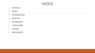 INDICE
1. PORTADA
2. INDICE
3. INTRODUCCION
4. OBJETIVO
5. DESARROLLO
6. CONCLUSION
7. ANEXOS
8. REFERENCIAS
 