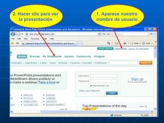 2. Hacer clic para ver   1. Aparece nuestro
   la presentación       nombre de usuario
 