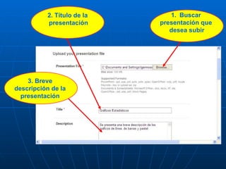 Buscar  presentación que  desea subir 2. Título de la presentación 3. Breve  descripción de la  presentación  