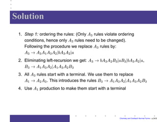 Greibach Theorem
Every CFL where


can be generated by a
CFG in Greibach normal form.
Proof idea: Let 









	
be a CFG generating


. Assume that
is in Chomsky normal form
Let














 