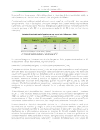 76
Criterios Generales
de Política Económica 2016
Reforma Energética y un vivo reflejo del interés de la industria y de la competitividad, solidez y
transparencia que caracterizan al nuevo modelo energético en México.
Considerando que los bloques adjudicados cubren una superficie total de 659.2 Km2
, se estima
que para el año 2015 se obtengan 5.1 mdp por concepto de la Cuota Contractual para la Fase
Exploratoria y el Impuesto por la Actividad de Exploración y Extracción de Hidrocarburos (IEEH),
en tanto que para el año 2016 se estima una recaudación de 21.5 mdp por los mismos
conceptos.
En cuanto a la segunda y tercera convocatorias, la apertura de las propuestas se realizará el 30
de septiembre y el 15 de diciembre, respectivamente.
Fondo Mexicano del Petróleo para la Estabilización y el Desarrollo (FMP)
Como elemento clave del nuevo marco jurídico, en el que se establece el monto de los ingresos
derivados de las actividades de exploración y extracción de hidrocarburos que podrá destinarse
a cubrir el Presupuesto de Egresos de la Federación, al ahorro de largo plazo o a la inversión en
proyectos productivos y de formación de capital humano, se creó el FMP. Éste es el responsable
de recibir, administrar, invertir y distribuir los ingresos del Estado provenientes de dichas
actividades (con excepción de los impuestos, que son recaudados por el SAT), así como de
publicar y difundir los resultados de los contratos y asignaciones, garantizando que la sociedad
pueda dar un seguimiento puntual y objetivo de los resultados obtenidos por la Reforma
Energética.
Si bien el Fondo Mexicano del Petróleo comenzó formalmente sus operaciones el 1º de enero
de 2015, como resultado de la suscripción de su contrato constitutivo el 30 de septiembre de
2014 por parte de la SHCP y el Banco de México, su órgano rector, el Comité Técnico, comenzó
a sesionar desde el 20 de octubre del año pasado, con el propósito de garantizar que el Fondo
contara con las herramientas necesarias para cumplir adecuadamente con sus funciones.
En ese contexto, se celebró un convenio de colaboración, coordinación y asistencia técnica con
las Secretarías de Hacienda y Energía, el Servicio de Administración Tributaria y la Comisión
Nacional de Hidrocarburos (CNH); y se elaboraron las reglas de operación y las políticas para la
clasificación de la información en actas de las sesiones del Comité señalado. Asimismo, se
emitieron distintos lineamientos para: la administración de aspectos financieros y cálculo de las
contraprestaciones de los contratos en materia de exploración y extracción de hidrocarburos;
la inscripción de las asignaciones de exploración y extracción de hidrocarburos en el registro del
Cuota
Contractual* IEEH* Cuota
contractual**
IEEH**
2 194.4 0.6 0.8 2.8 3.6
7 464.8 1.6 2.0 6.6 8.6
Total 659.2 2.2 2.9 9.3 12.2
Nota: Las sumas pueden no coincidir debido al redondeo.
** La actualización se efectúa suponiendo una variación del INPC de 3%.
Área (km2
)
Recaudación estimada por la Cuota Contractual para la Fase Exploratoria y el IEEH
(Millones de pesos, flujos)
Bloque
2015 2016
* Los contratos se suscribieron formalmente el 4 de septiembre de 2015.
 