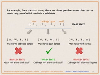 21
For example, from the start state, there are three possible moves that can be
made, only one of which results in a valid state.
man cabbage goat wolf
[ E , E , E , E ] START STATE
[ W , W , E , E ] [ W , E , W , E ] [ W , E , E , W ]
Man rows cabbage across Man rows goat across Man rows wolf across
INVALID STATE
Goat left alone with wolf
VALID STATE
Cabbage left alone with wolf
INVALID STATE
Cabbage left alone with goat

Introduction to Computer Science Using Python – Dierbach Copyright 2013 John Wiley and Sons Section 1.1 What is Computer Science?
 