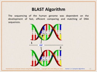 The sequencing of the human genome was dependent on the
development of fast, efficient comparing and matching of DNA
sequences.
52
BLAST Algorithm
Introduction to Computer Science Using Python – Dierbach Copyright 2013 John Wiley and Sons Section 1.2 Computer Algorithms
 