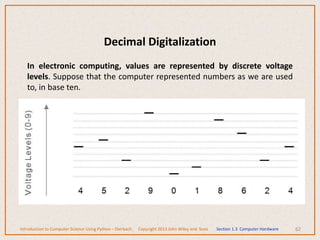 Decimal Digitalization
In electronic computing, values are represented by discrete voltage
levels. Suppose that the computer represented numbers as we are used
to, in base ten.
62
Introduction to Computer Science Using Python – Dierbach Copyright 2013 John Wiley and Sons Section 1.3 Computer Hardware
 