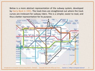 8
Below is a more abstract representation of the subway system, developed
by Harry Beck in 1931. The track lines are straightened out where the track
curves are irrelevant for subway riders. This is a simpler, easier to read, and
thus a better representation for its purpose.
Introduction to Computer Science Using Python – Dierbach Copyright 2013 John Wiley and Sons Section 1.1 What is Computer Science?
 