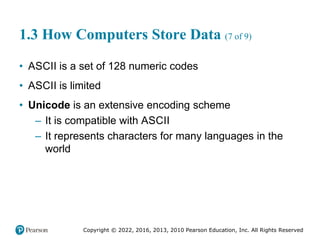 Copyright © 2022, 2016, 2013, 2010 Pearson Education, Inc. All Rights Reserved
1.3 How Computers Store Data (7 of 9)
• ASCII is a set of 128 numeric codes
• ASCII is limited
• Unicode is an extensive encoding scheme
– It is compatible with ASCII
– It represents characters for many languages in the
world
 