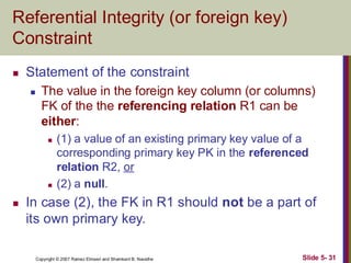 Copyright © 2007 Ramez Elmasri and Shamkant B. Navathe Slide 5- 31
Referential Integrity (or foreign key)
Constraint
◼ Statement of the constraint
◼ The value in the foreign key column (or columns)
FK of the the referencing relation R1 can be
either:
◼ (1) a value of an existing primary key value of a
corresponding primary key PK in the referenced
relation R2, or
◼ (2) a null.
◼ In case (2), the FK in R1 should not be a part of
its own primary key.
 