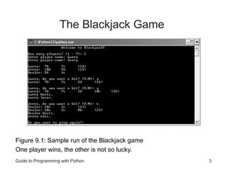 Guide to Programming with Python 3
The Blackjack Game
Figure 9.1: Sample run of the Blackjack game
One player wins, the other is not so lucky.
 